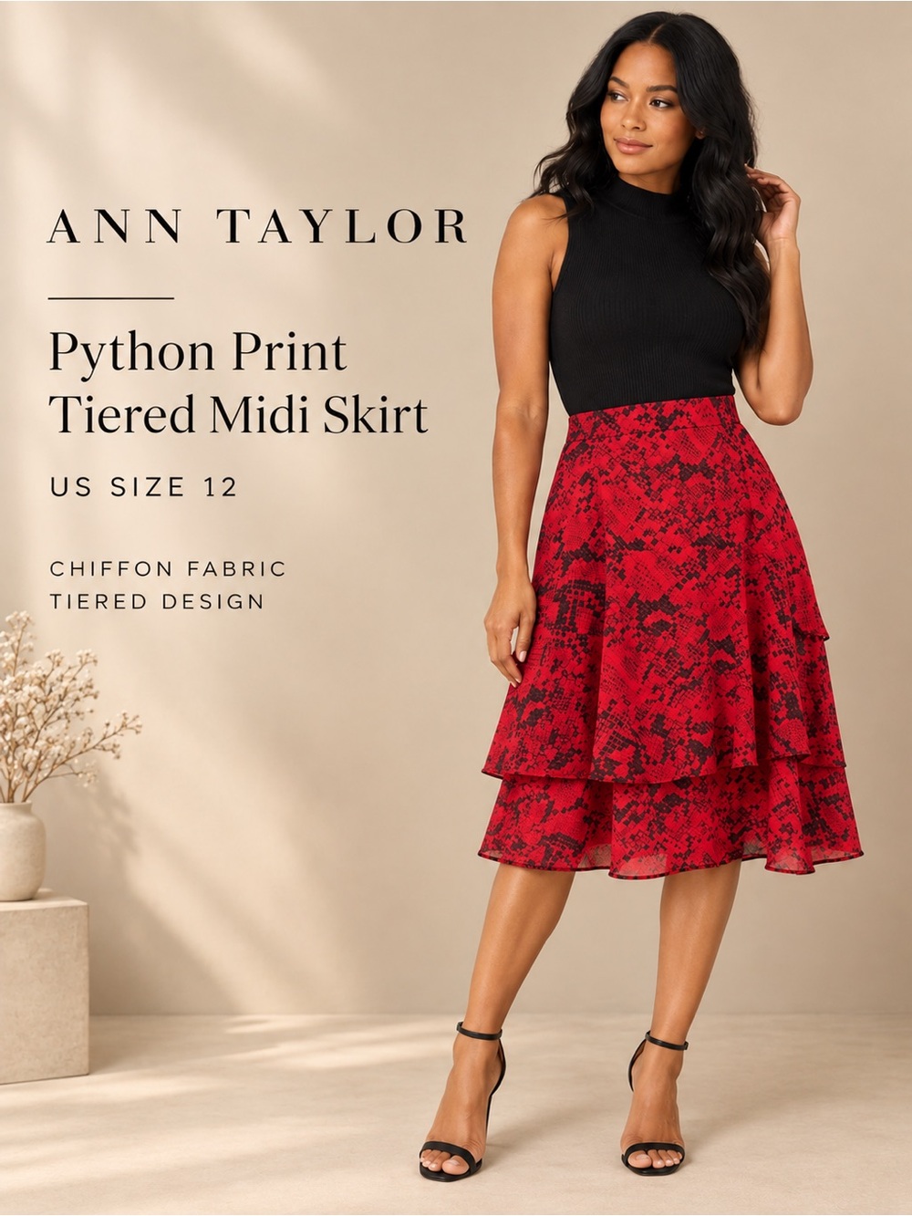 Ann Taylor Red Chiffon Snake Print Tiered Midi Skirt NWT Size 12‎